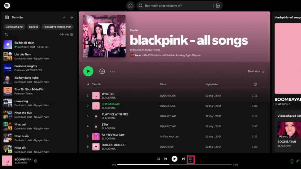 phat lai bai hat tren spotify may tinh