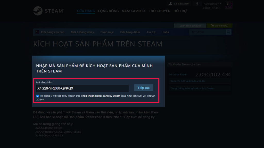 Hướng dẫn nhập Code game Steam (CD Key) nhap key web buoc 2 KAMIKEY nhap key web buoc 2