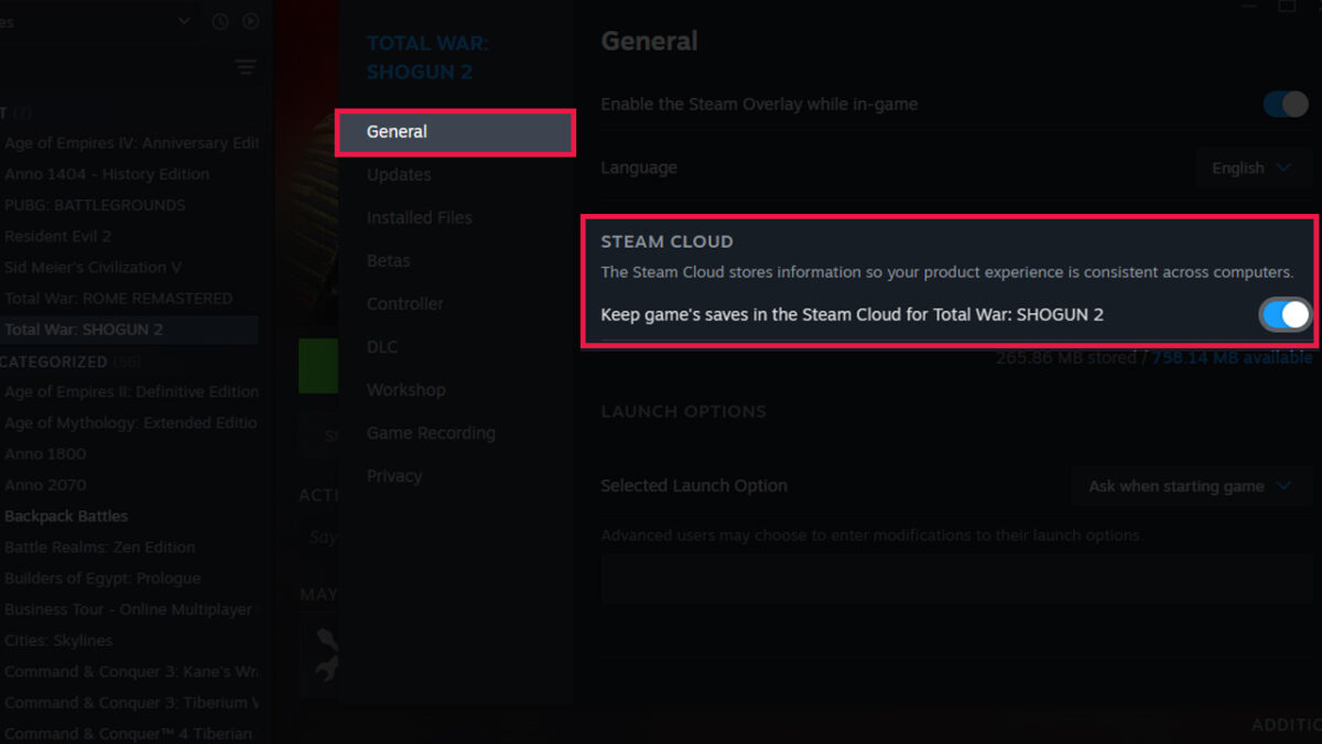 Bật Steam Cloud cho từng trò chơi cụ thể