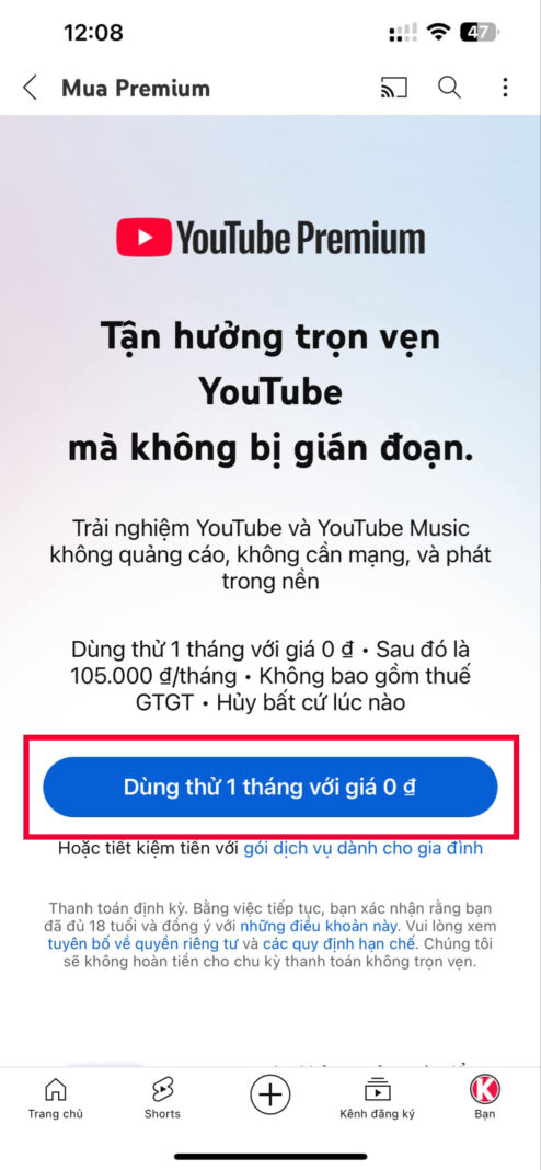 cach mua youtube premium bang momo