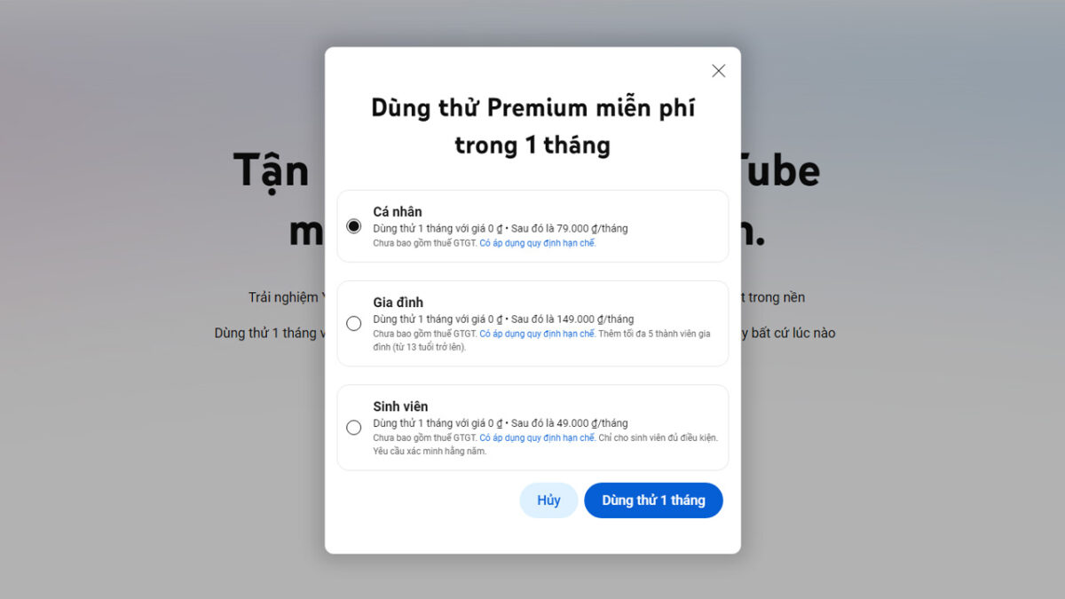 cac goi youtube premium