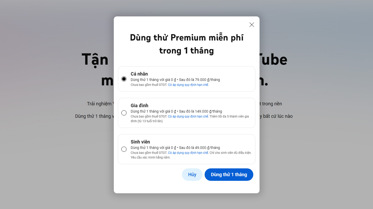 cac goi youtube premium
