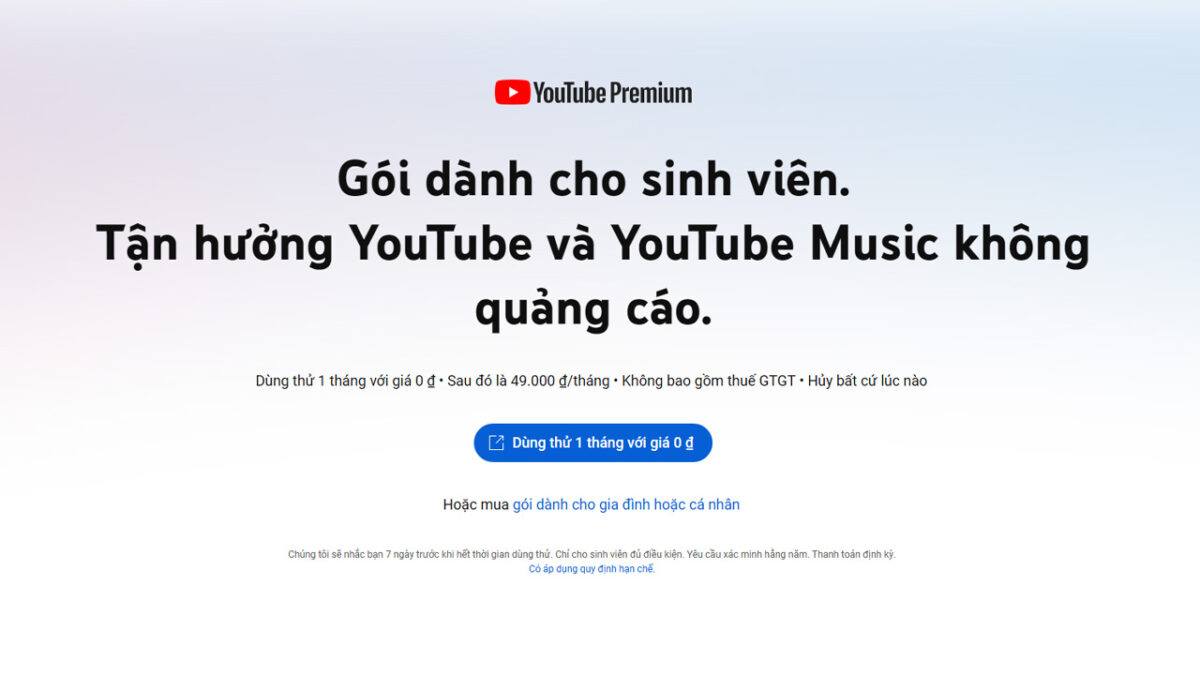 cach dang ky youtube premium sinh vien