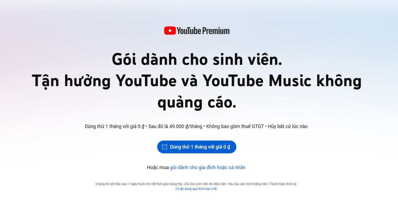 cach dang ky youtube premium sinh vien