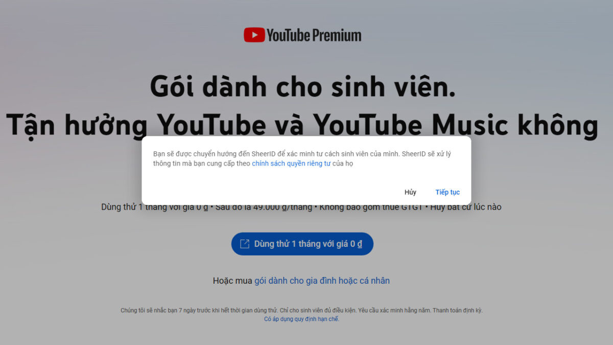 cach dang ky youtube premium sinh vien 2