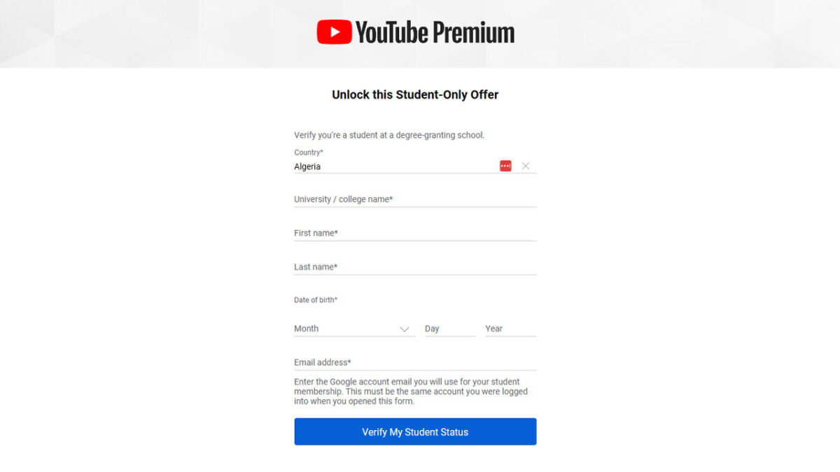 xac minh khi dang ky youtube premium sinh vien
