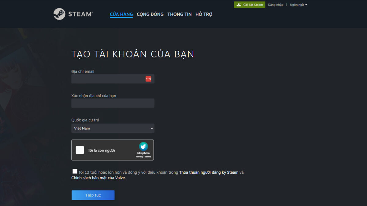 đăng ký tài khoản steam trên trang web