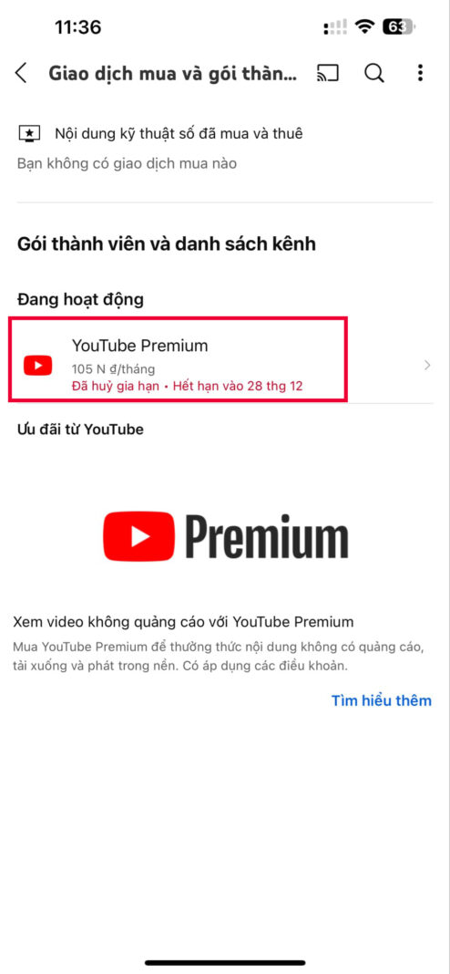 huy youtube premium tren ung dung youtube