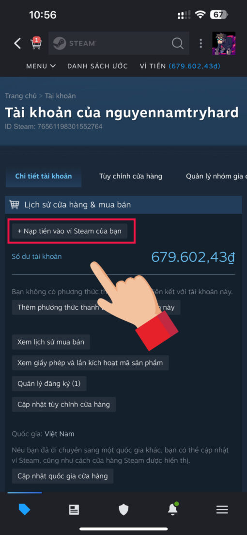 nhap key steam tren ung dung steam dien thoai