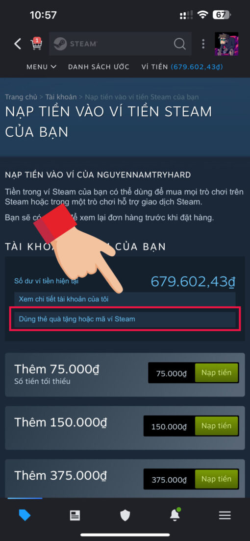 nhap key steam tren ung dung steam dien thoai