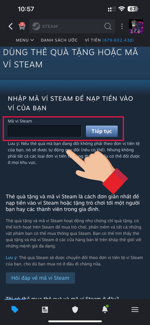 nhap key steam tren ung dung steam dien thoai